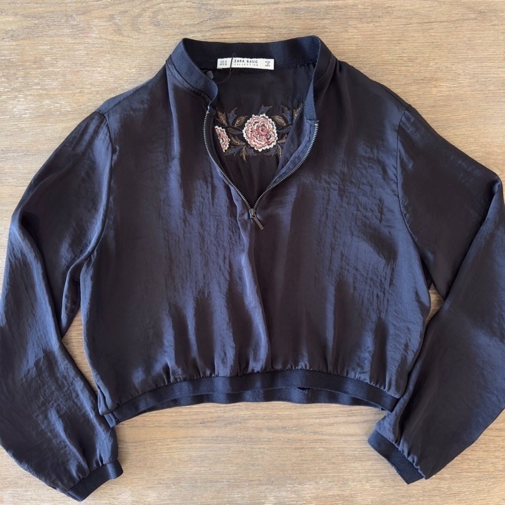 Zara Satin Cropped Floral Embroidered 1/4 Zip Bomber Jacket-Black-Size M-*Read*